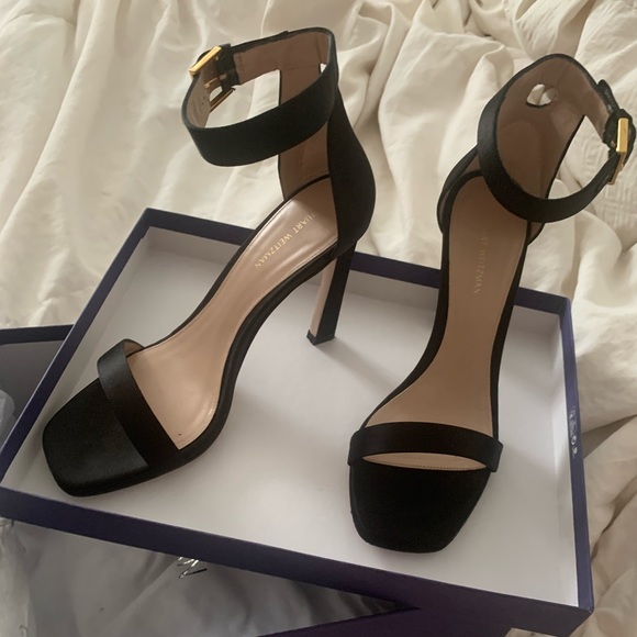 STUART WEITZMAN 100S Square Nudist Black Satin Sandal - Size 7.5 - Like New - Picture 2 of 11
